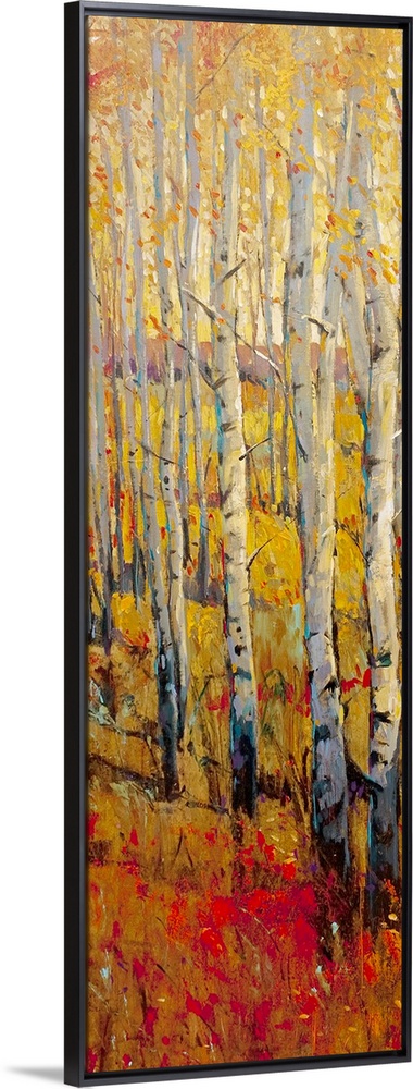 This vertical painting of white barked trees in a narrow landscape of autumn colored grass.