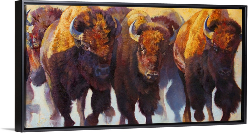 Painting on canvas of bison and buffalos running in a pack.