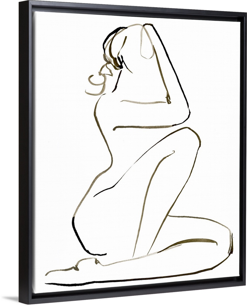 Abstracted nude seated figure on a white background.