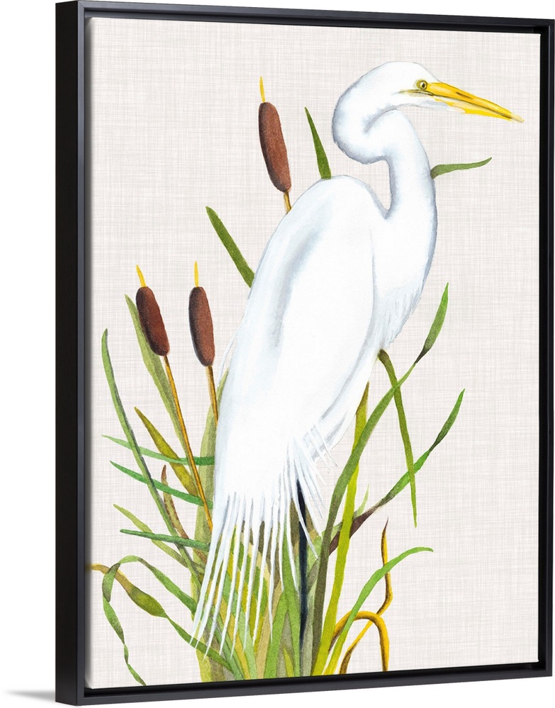 Painting of a white egret standing in tall reeds.