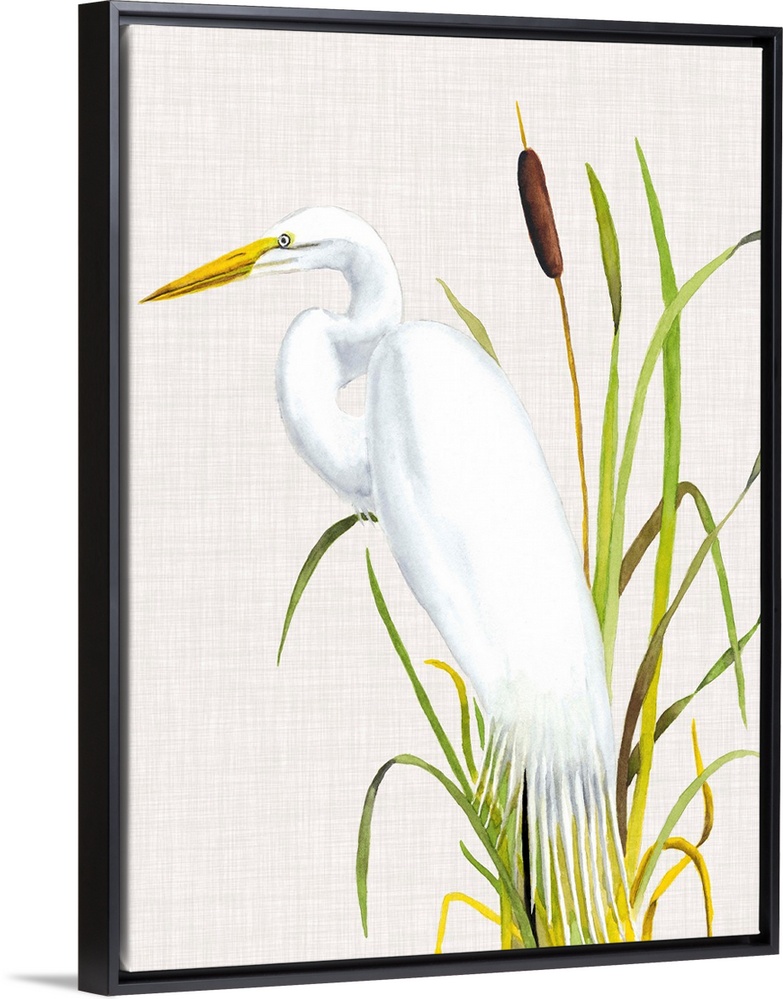 Painting of a white egret standing in tall reeds.