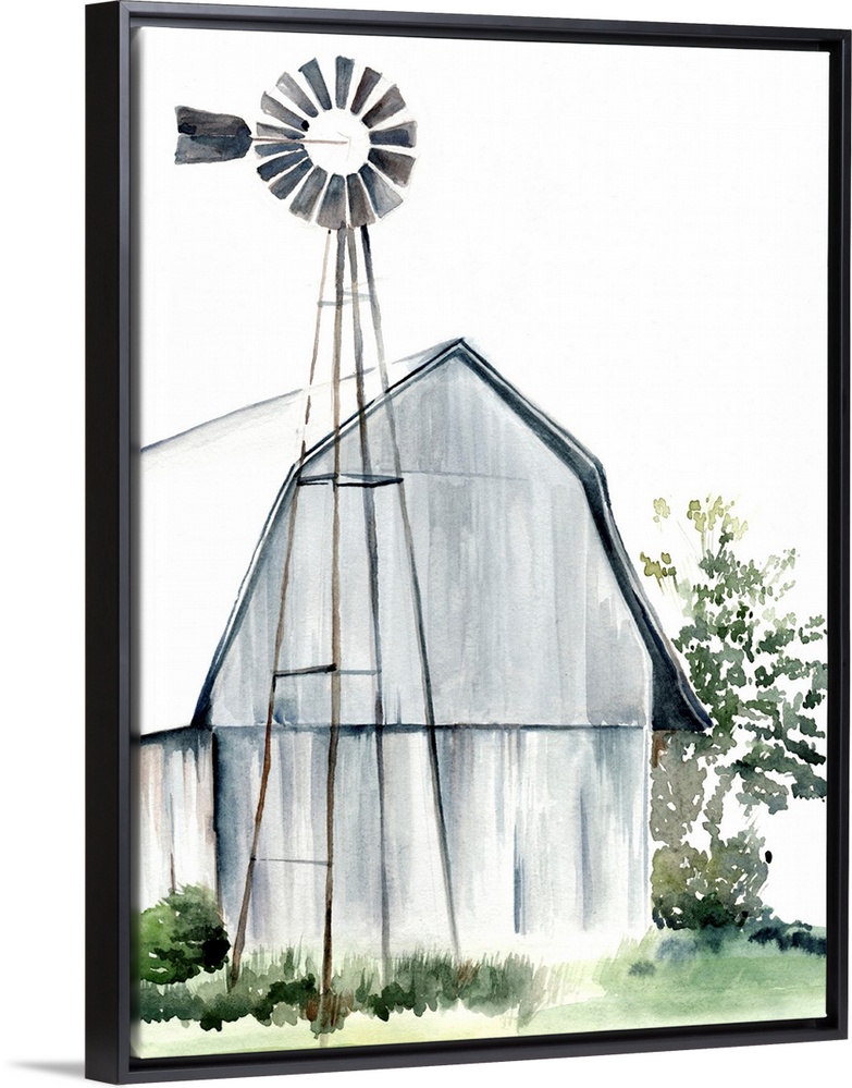 This watercolor painting features a serene barn with a windmill.