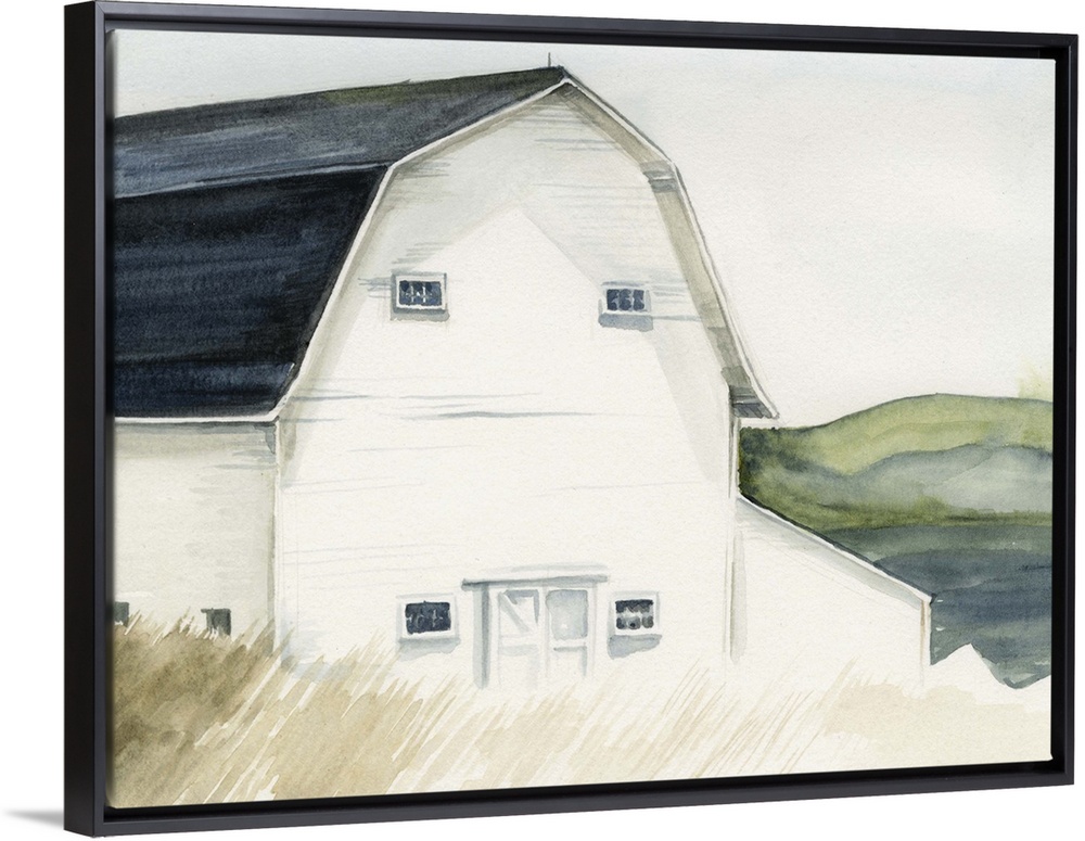 Watercolor landscape featuring a white barn in a field with rolling hills in the background.