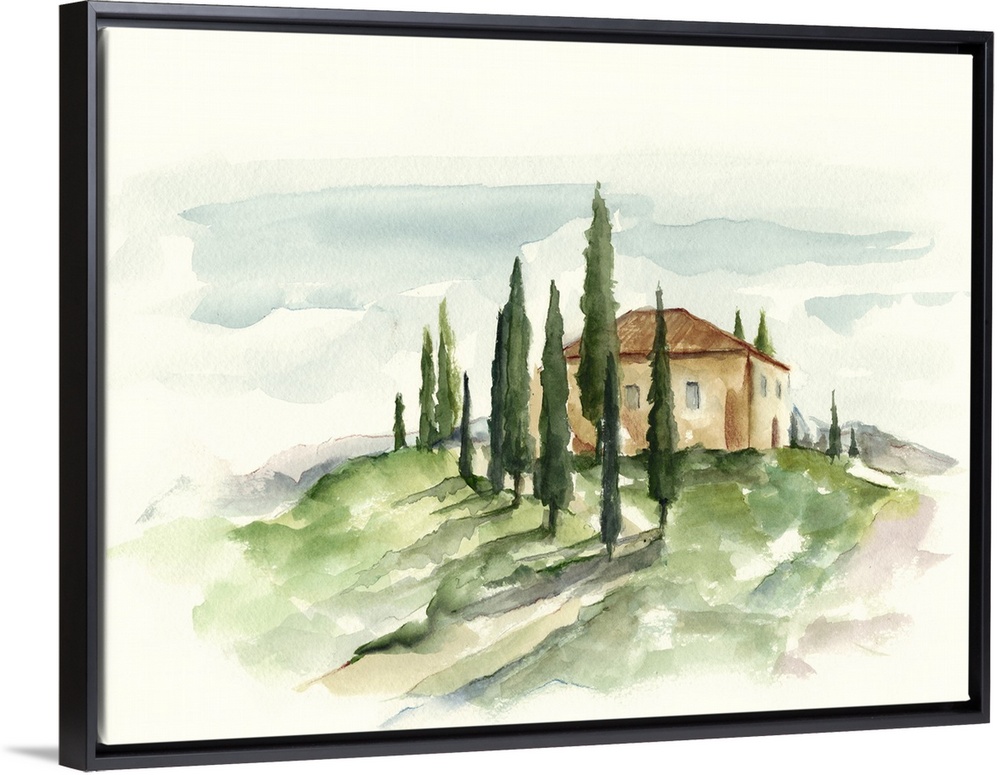 This watercolor artwork illustrates the beauty and simplicity of a Tuscan countryside with contrasting warm and cool color...