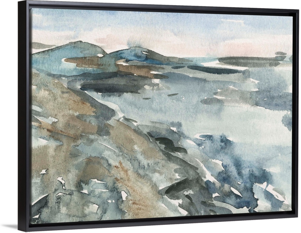 Contemporary watercolor landscape of a mountainous landscape.