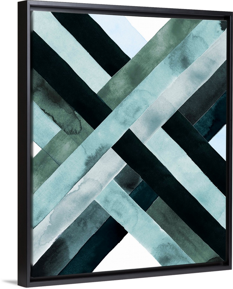 Abstract watercolor artwork of woven bands in black and blue shades, forming an X shape.