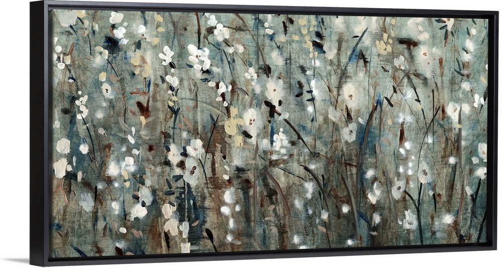 Contemporary painting of several flowers in a field, in blue and grey tones.