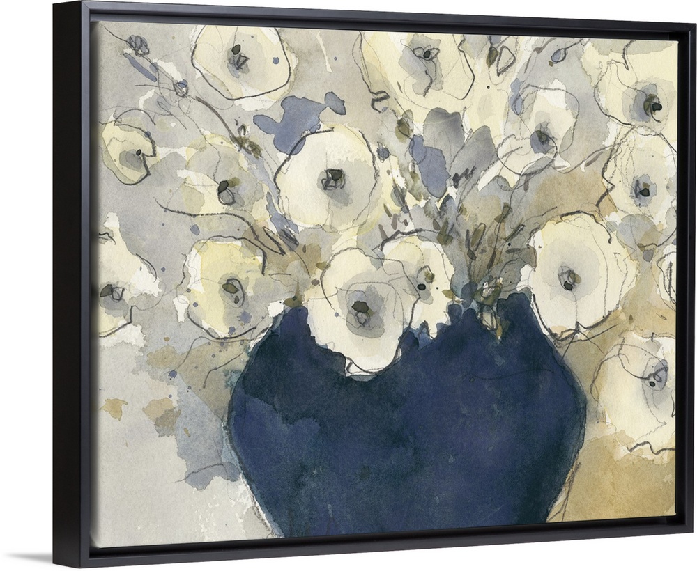 Muted watercolor painting of a vase full of flowers with fine outlines in black.