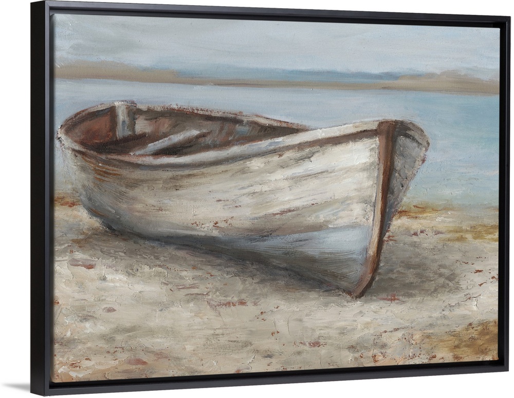 A tranquil, coastal scene of an old wooden rowboat pulled up onto the sand. It features neutral tones and a peaceful compo...