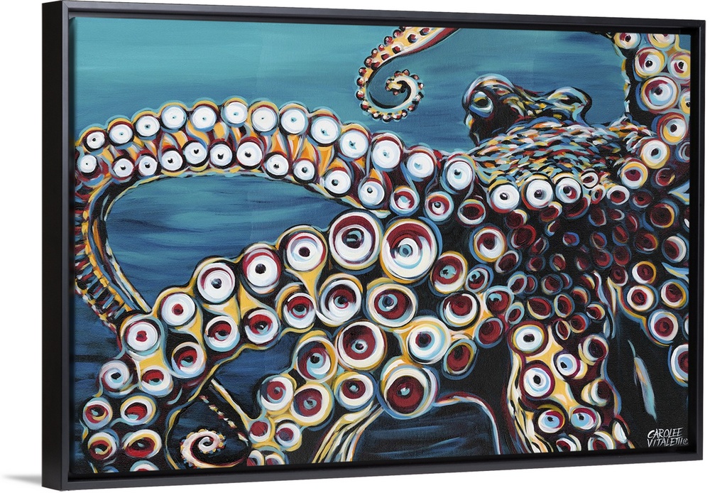 Contemporary painting of an octopus up close, highlighting its circular suctioned tentacles.