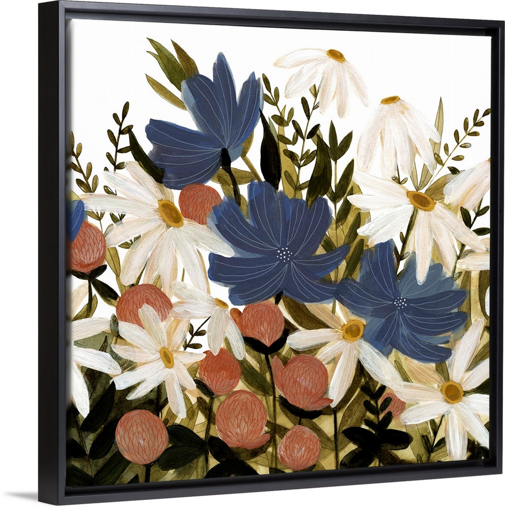 A beautiful painting of a group of wild flowers in a garden.