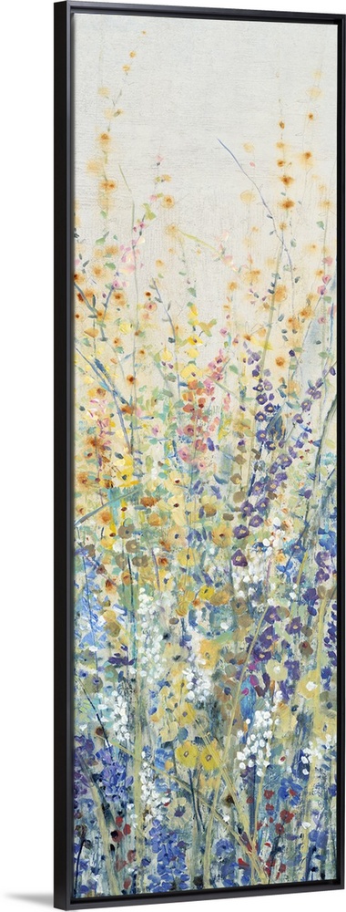 Vertical panel of blooming yellow and blue wildflowers in a field.