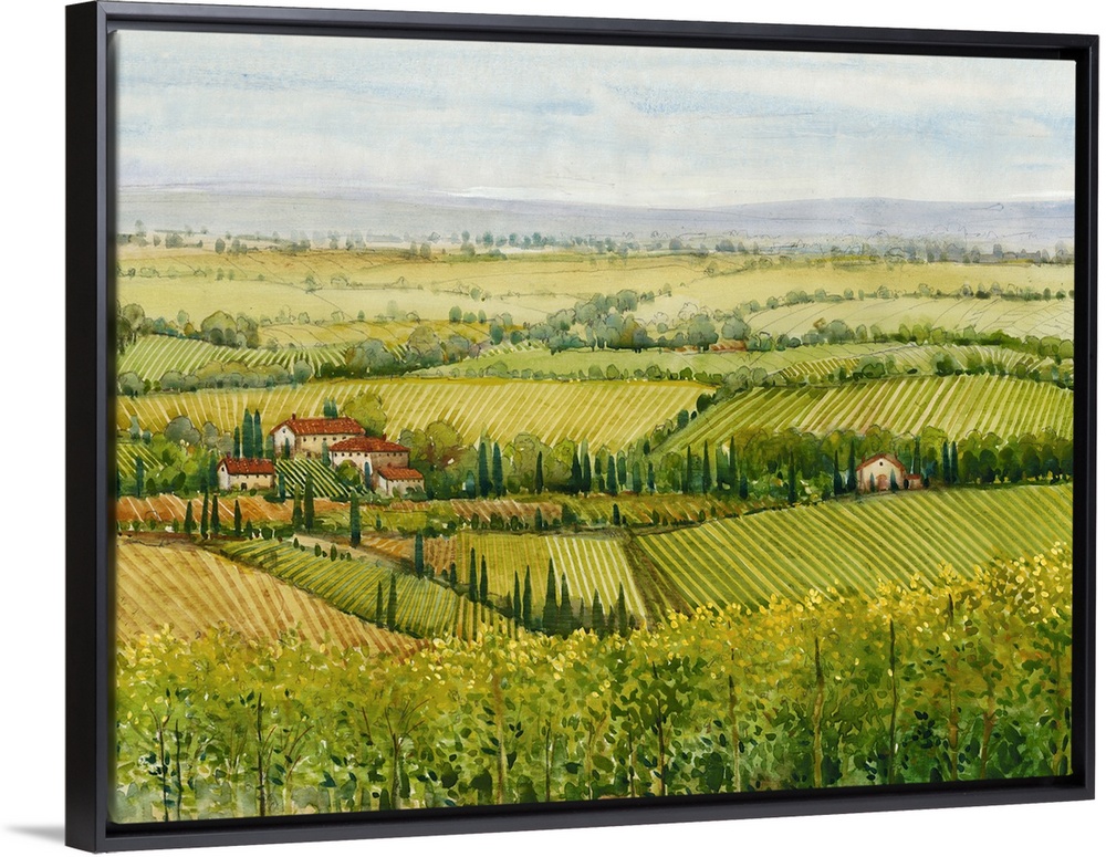 In this painting, vast ranges of greens and yellows dapple this homely landscape of a Tuscan countryside.