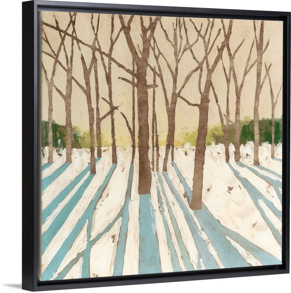 Contemporary painting of a winter snowscape with the shadows of the trees in the foreground.