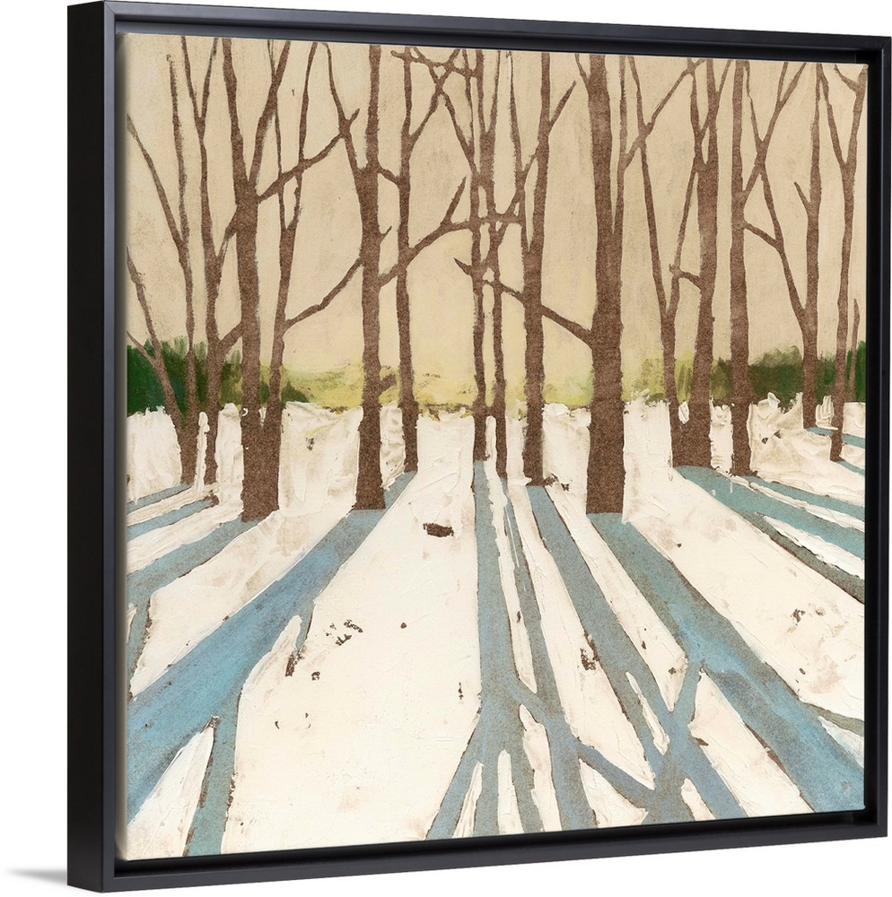 Contemporary painting of a winter snowscape with the shadows of the trees in the foreground.