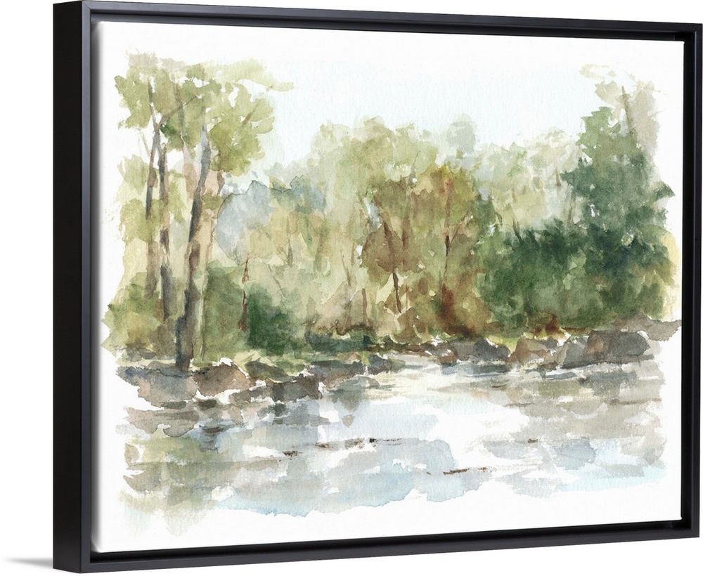 Watercolor abstract landscape in muted earth tones and blues.