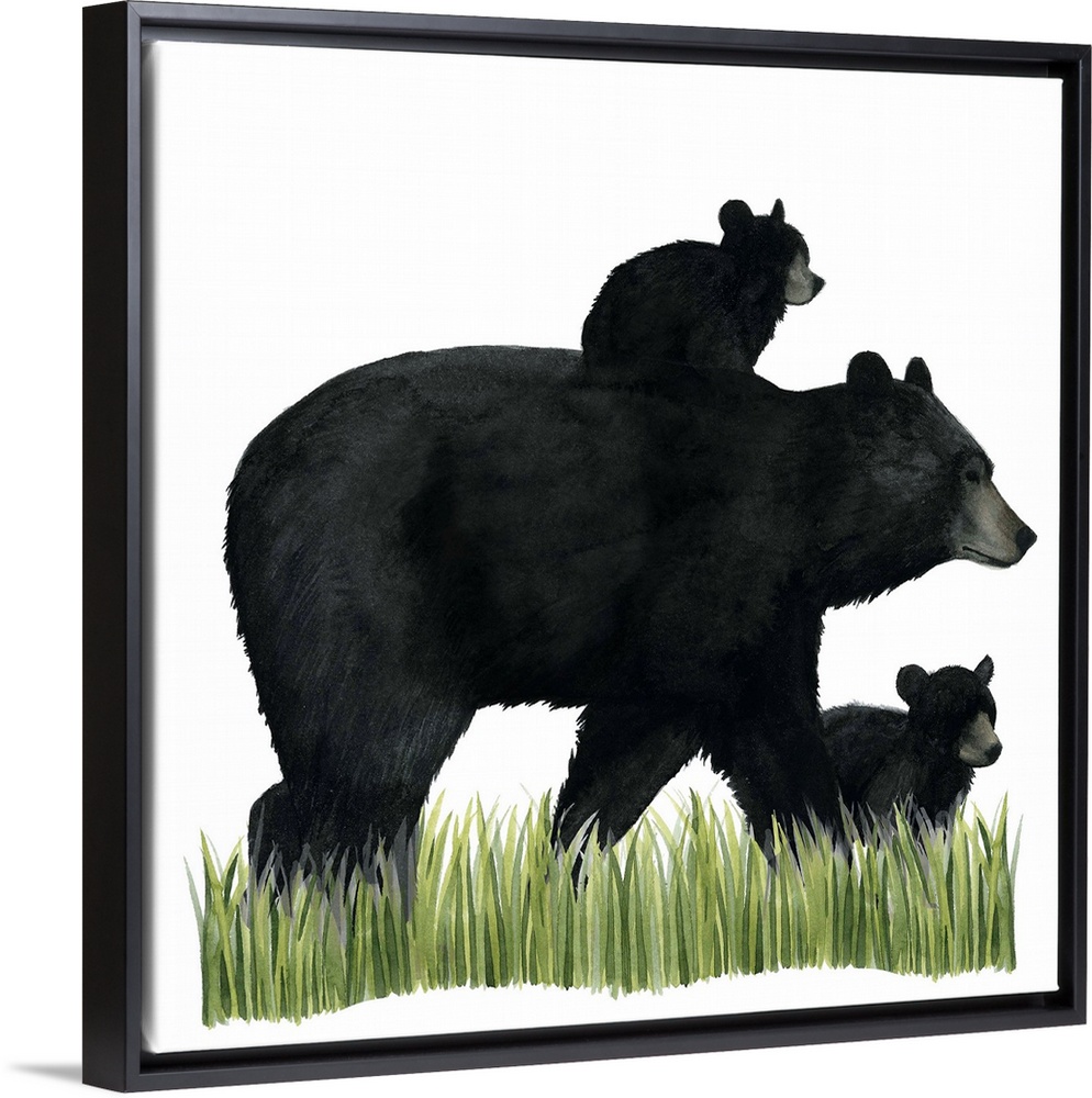 Watercolor portrait of a bear and its cub on a grassy landscape.