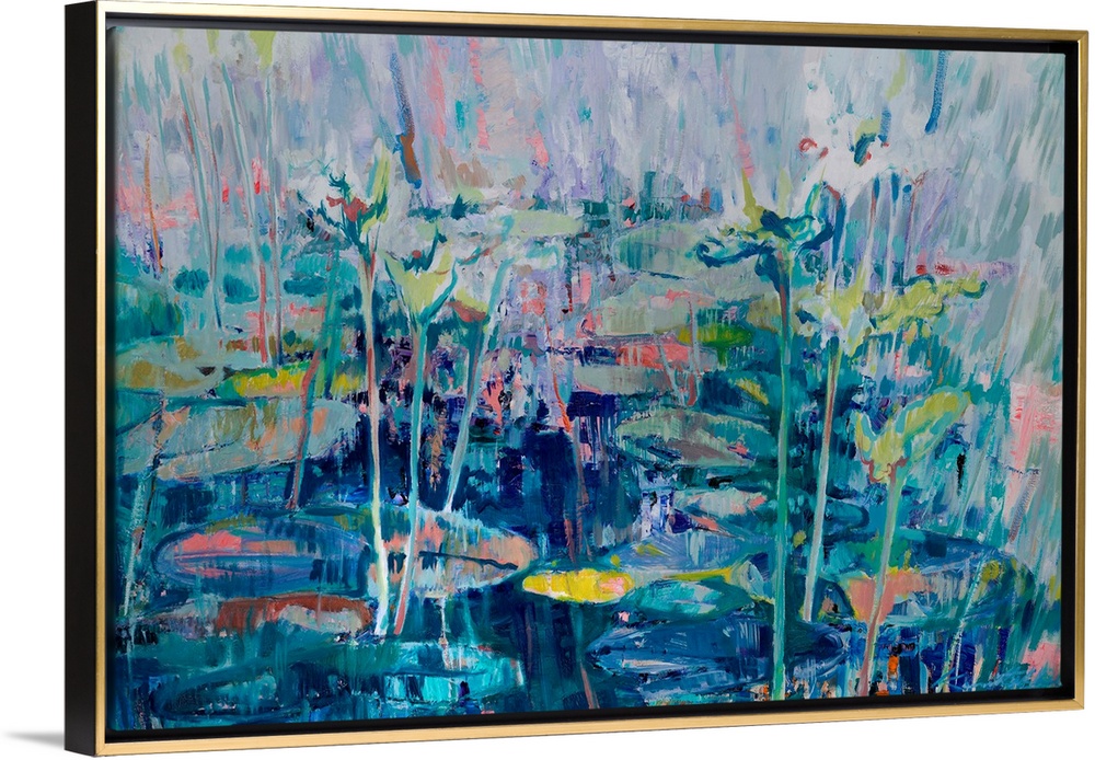 An abstract of waterlilies in a small pond, partly in shade and under the bright morning light.