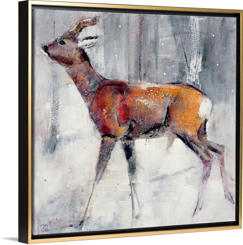 Giant, square painting of a young buck walking through a winter landscape.