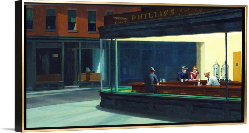 Painting of a view from outside of two men and a woman sitting inside at a diner bar drinking coffee on a New York street ...