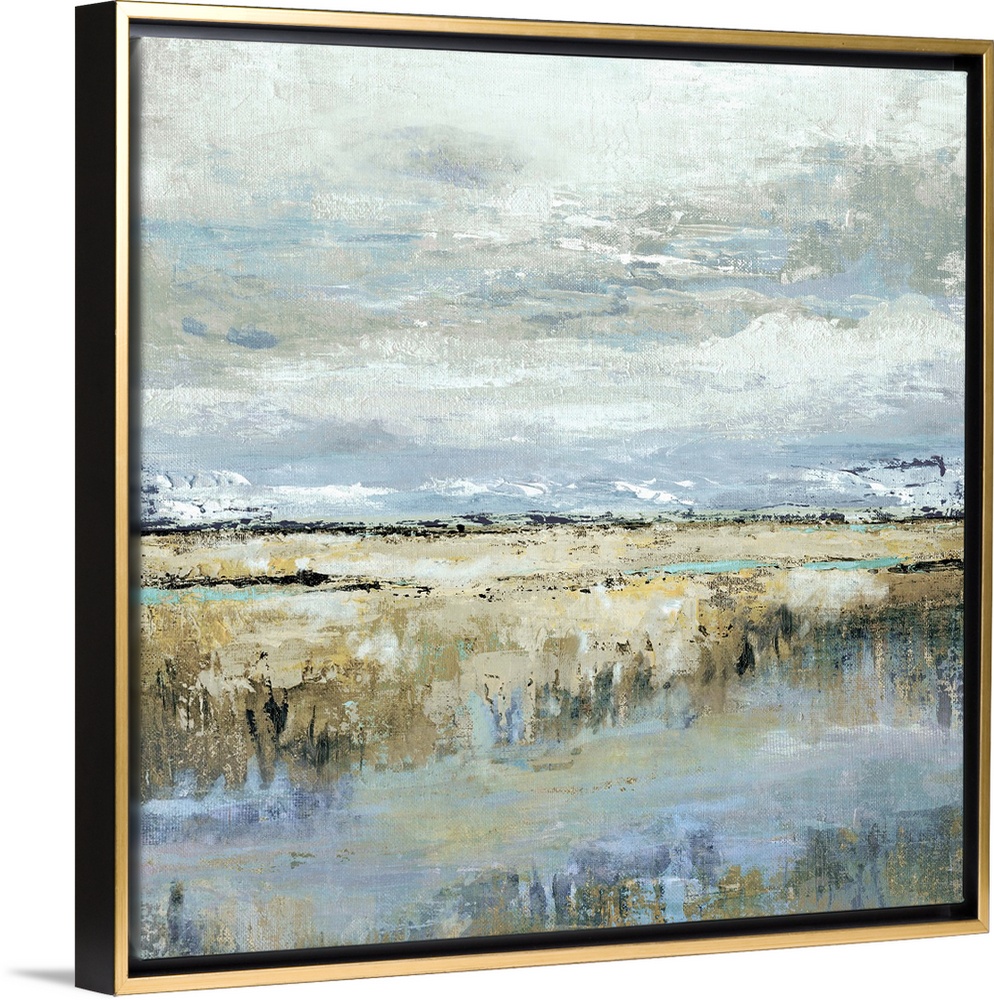 Square abstract painting of a marsh landscape in shades of brown, blue, yellow, and grey.