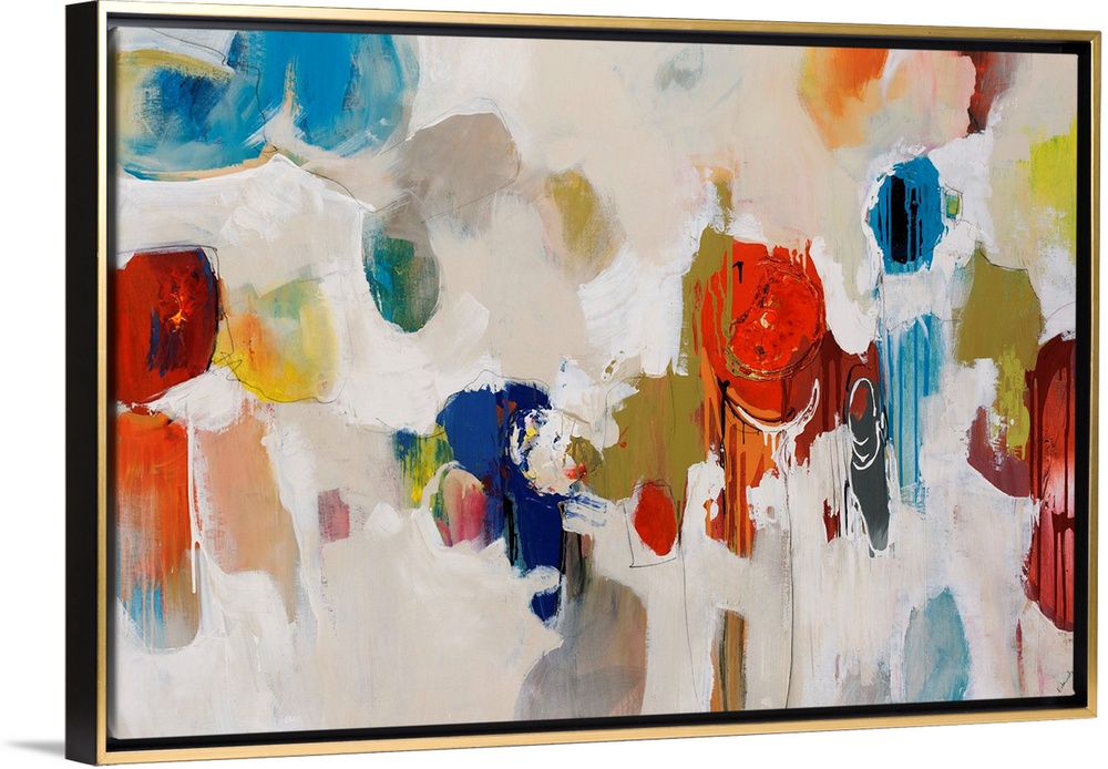 Big, colorful swirls of paint on this horizontal photograph of an abstract painting.