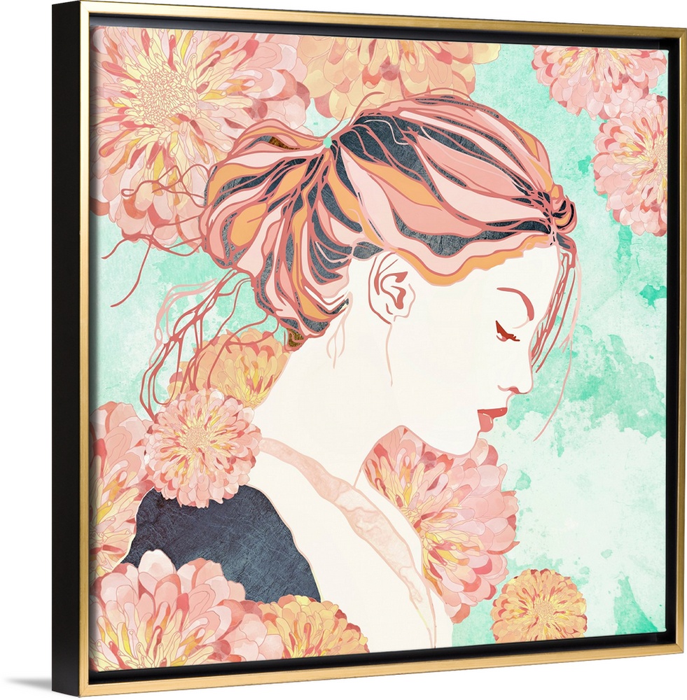 Abstract depiction of a day dream with flowers, pink, mint and female.