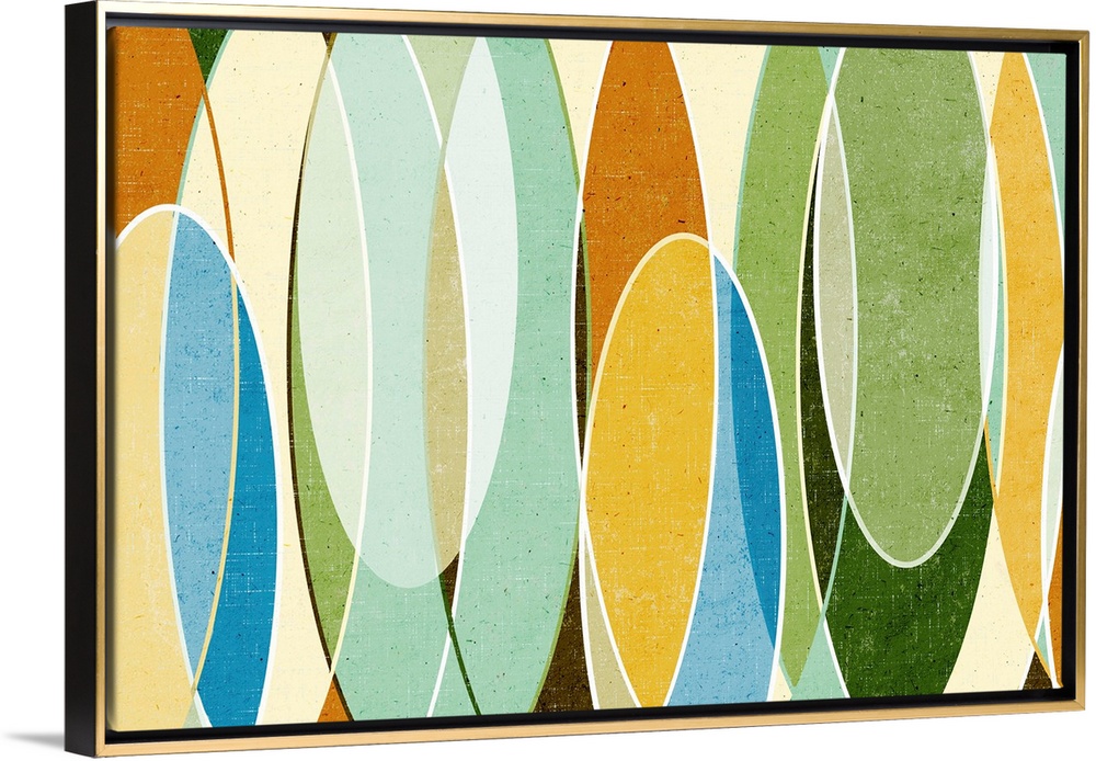 Abstract painting with a mid-century feel of organic shapes with clean lines and mild colors.