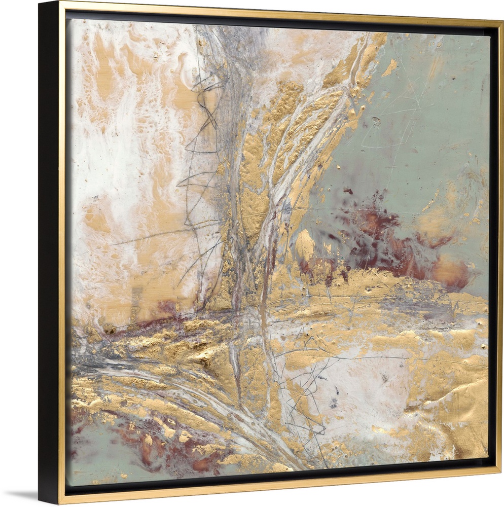 Contemporary abstract painting with gold and grey.