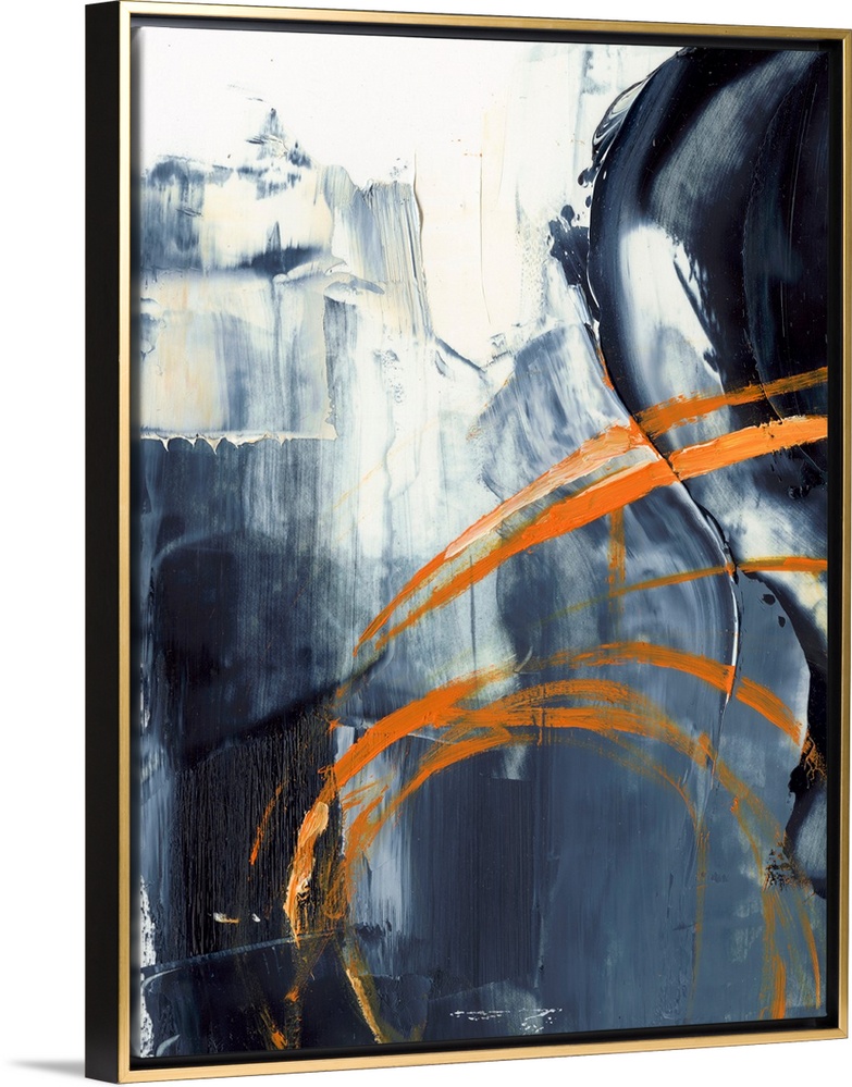 A bold contemporary statement piece in shades of dark indigo accented with streaks of bright orange. It's masculine streng...