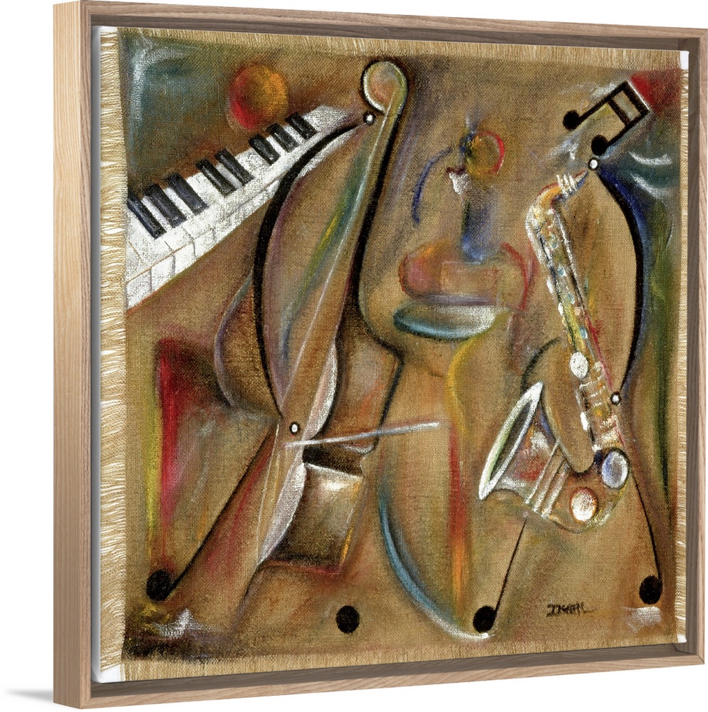 Contemporary painting of multicolored musical instruments with a burlap texture.