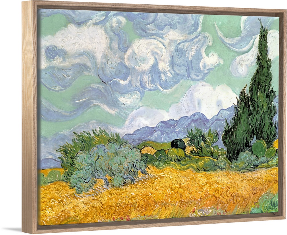 Oversized, landscape, classic art painting of swirling clouds in a sky above a heavily brushed golden wheat field with cyp...