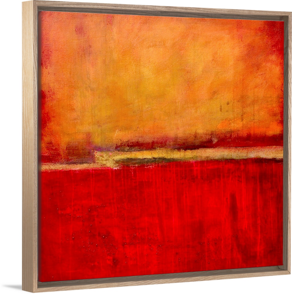 Square abstract artwork in fiery red and orange tones with simple, bold areas of color, resembling a bright sunset.
