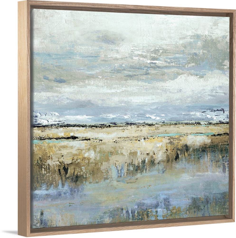 Square abstract painting of a marsh landscape in shades of brown, blue, yellow, and grey.