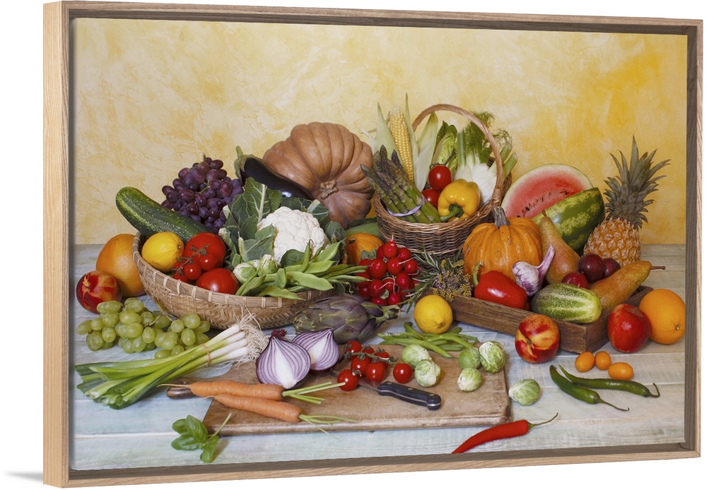 Assorted vegetables and fruits on table