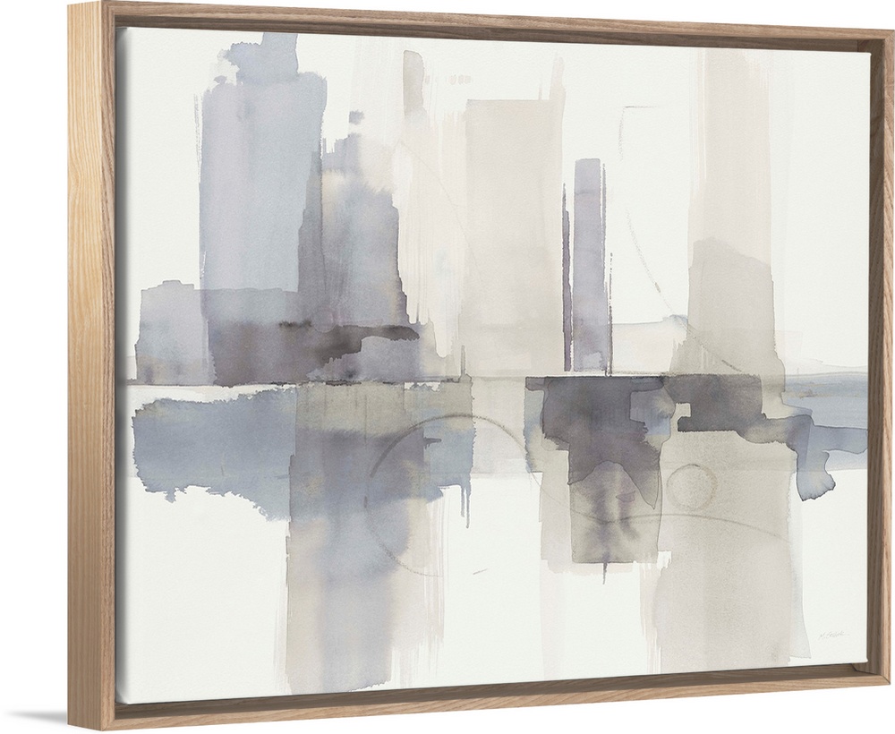 Abstract gray, purple, and cream watercolor painting that resembles a skyline with a reflection.