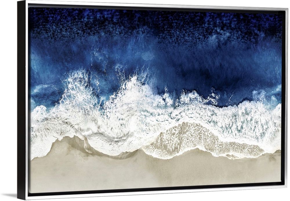 One artwork in a series of aerial shots of a beach as dark blue waves break upon the shore.