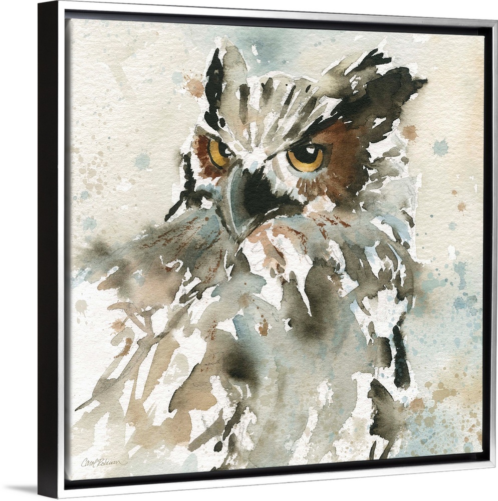 A watercolor painting of an abstract owl with a neutral background that has paint splattered on it.