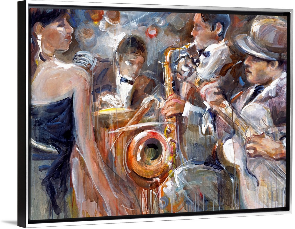 Loose, gestured painting of a band of musicians performing in formalwear, including a female lead singer, guitarist, saxop...