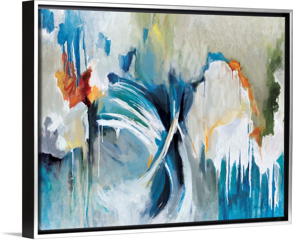 Contemporary abstract artwork in bright colors with flowing, moving shapes.