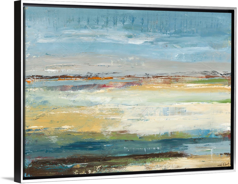 Abstract painting representing a beach landscape with blue, green, orange, brown, yellow, gray, and cream hues.