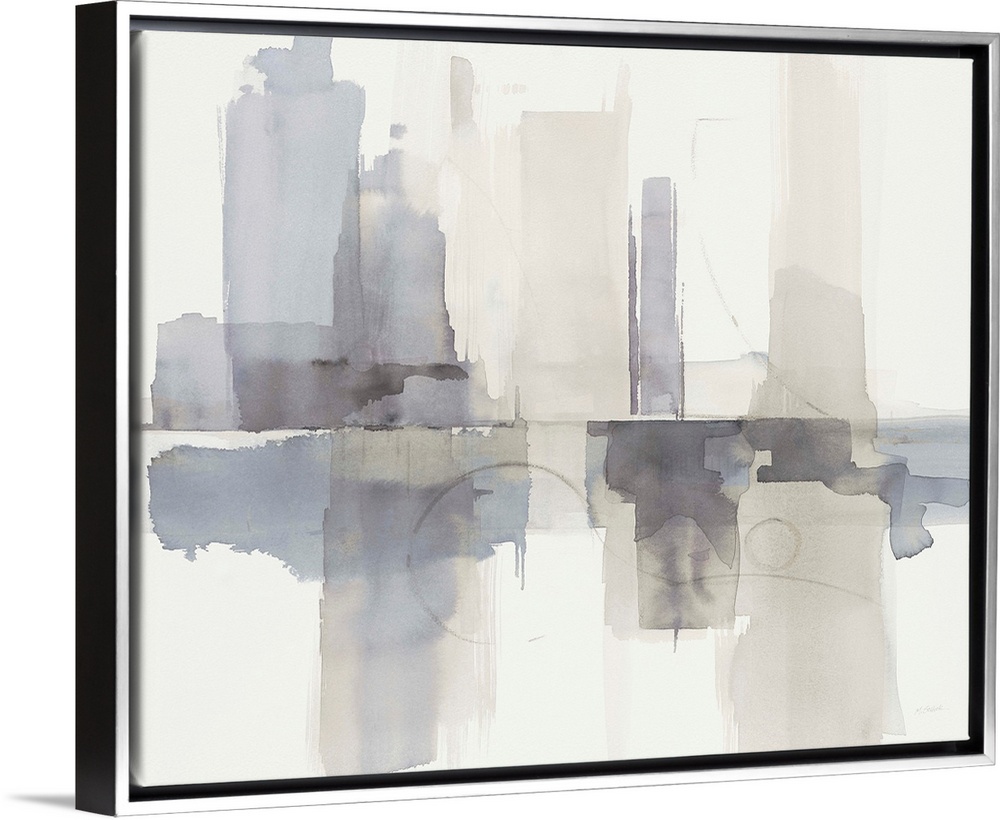 Abstract gray, purple, and cream watercolor painting that resembles a skyline with a reflection.