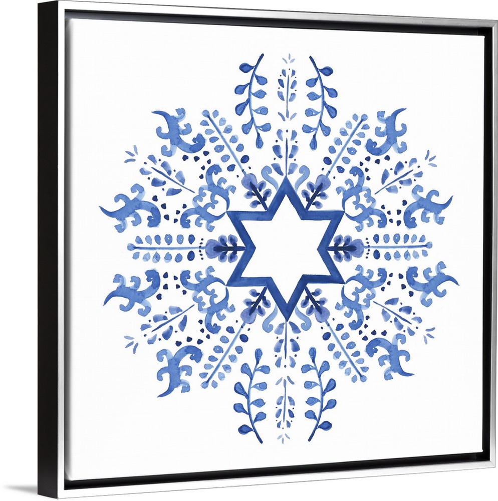 Indigo floral design around a centered interpretation of the Star of David.