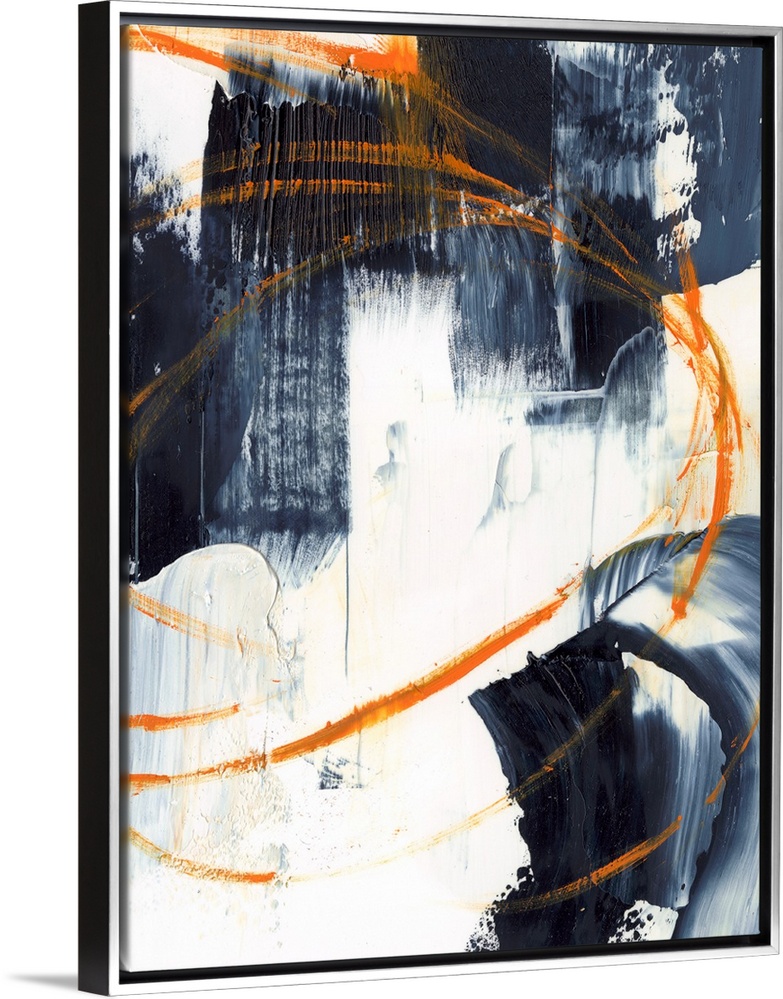 A bold contemporary statement piece in shades of dark indigo accented with streaks of bright orange. It's masculine streng...