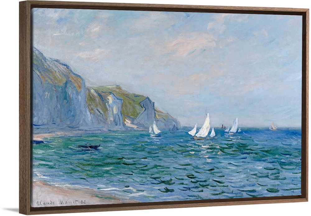 A landscape painting from a classic Impressionist master, this scene shows sail boats on the sea lined with steep cliffs.