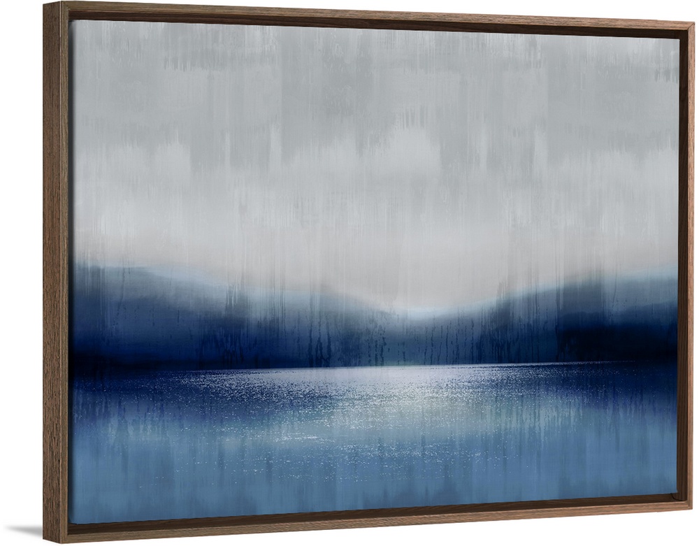 A misty, tranquil scene of a lake infront of mountains under a cloudy sky. The water and earth are in tones of blue and da...