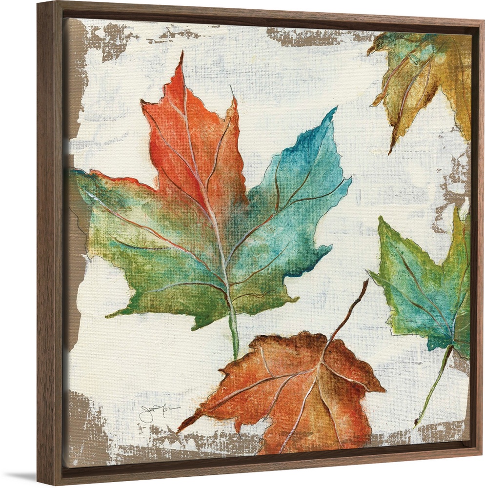 Autumn home decor artwork with multicolored Fall leaves.