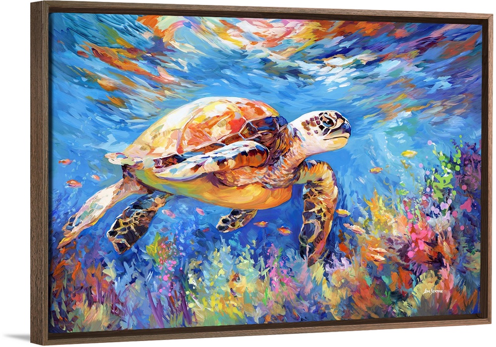 This contemporary artwork captures a sea turtle gliding through the ocean's depths, its form accentuated by the vivid hues...