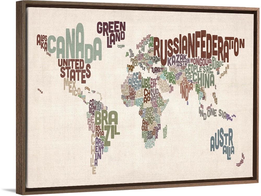 Typographic map where the countries and continents are created with their names in a neutral color palette makes this wall...