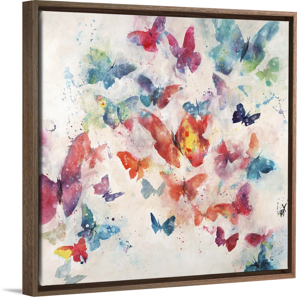 Contemporary painting of a cluster of butterflies in various sizes and colors, on a light neutral background.